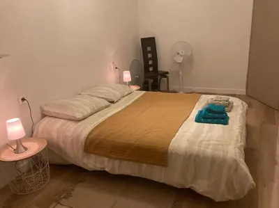 a bedroom with a large bed with blue sheets and two lamps at La tranquillité en centre-ville avec terrasse in Limoux