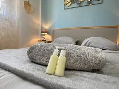two bottles are sitting on top of a bed at Le Voyage Bleu, Clim Parking in Carcassonne