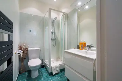 a bathroom with a toilet and a sink and a shower at Le petit coin de la bastide 11 in Carcassonne