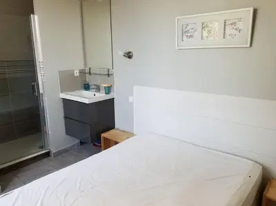a white bedroom with a bed and a sink at T2 Gautier proche Cité Médiévale parking privé in Carcassonne