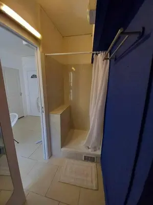 a bathroom with a walk in shower with a shower curtain at Appart Distillerie in Narbonne