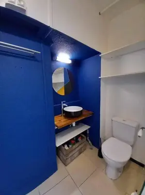 a blue bathroom with a toilet and a sink at Appart Distillerie in Narbonne