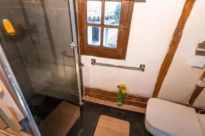 a bathroom with a shower and a toilet and a window at The retreat in Montréal