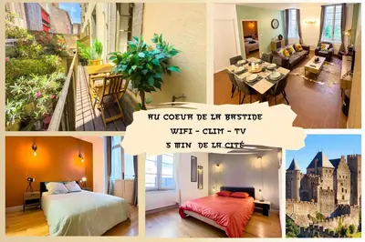a collage of pictures of a room with a castle at La Cité Voltaire in Carcassonne