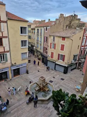 a group of people standing around a fountain in a city at Appartement cosy hypercentre in Narbonne
