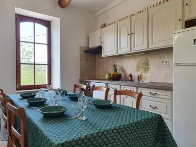 a kitchen with a table with a green table cloth at La Roche 6 in Aigues-Vives
