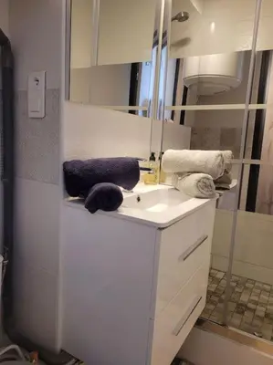 a bathroom with a sink and a shower with towels at Appartement en résidence avec vue et accès au port in Gruissan