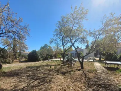 a park with benches and trees on a sunny day at Les Amandiers in Sallèles-dʼAude