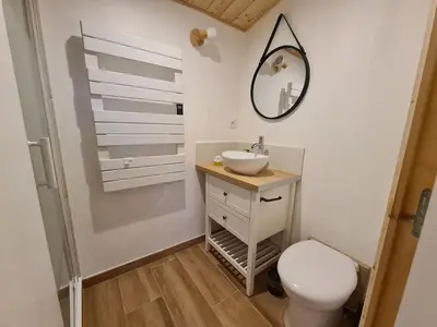 a bathroom with a sink and a toilet at Refuge Insolite avec balnéo privative en forêt in Pont-de-Larn