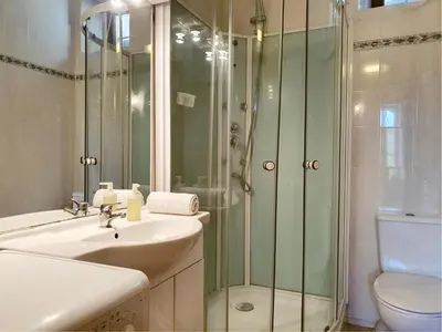 a bathroom with a shower and a sink and a toilet at La Roche 8 in Aigues-Vives