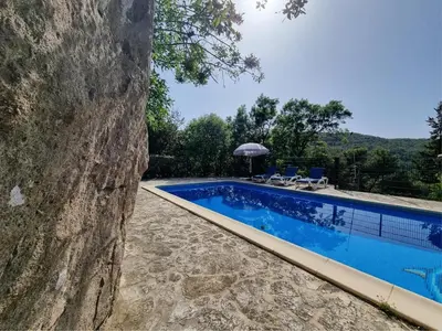 a swimming pool in front of a rock wall at La Roche 8 in Aigues-Vives