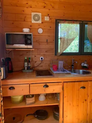 a kitchen with a sink and a microwave at Roulotte et Nature in Mirepoix
