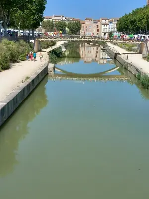 a river in a city with a bridge at Appartement au coeur du centre historique in Narbonne