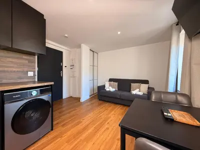 a living room with a couch and a dishwasher at Le Baroque Studio Wifi in Narbonne