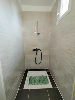 a bathroom with a shower with a green floor at L'Écrin de Pamiers - Appt climatisé pour 6 in Pamiers