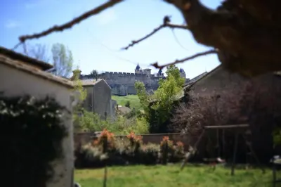 a view of a castle from a yard with buildings at Le Clos Saint Jean, vue Cité, piscine et parking in Carcassonne