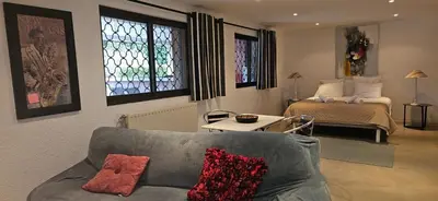 a living room with a couch and a bed at Le Clos Saint Jean, vue Cité, piscine et parking in Carcassonne