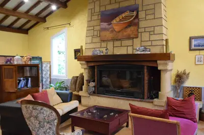 a living room with a fireplace and a couch at Chambres d'Hôtes L'Orée des Bois in Lacrouzette