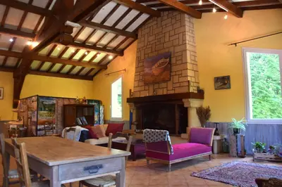 a living room with a fireplace and a table and chairs at Chambres d'Hôtes L'Orée des Bois in Lacrouzette