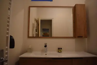 a bathroom with a sink and a mirror at La Vue de Manuel in Carcassonne