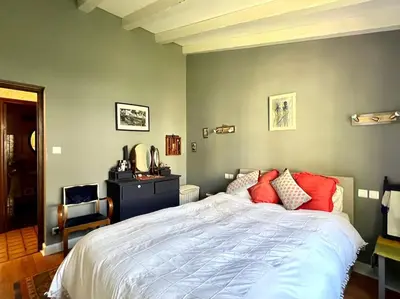 a bedroom with a large bed with red pillows at Belle Villa 4 bed, sud de la France in Limoux