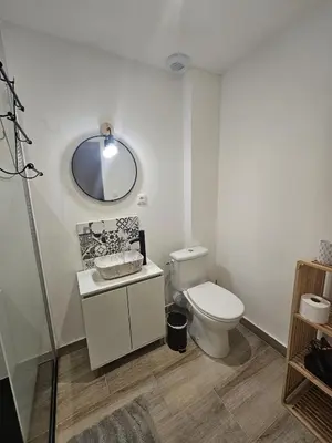 a bathroom with a toilet and a mirror on the wall at Vue Cité Médiévale Castel View in Carcassonne