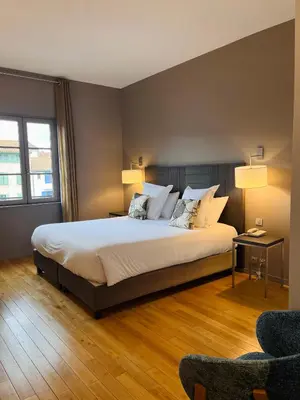 a bedroom with a bed with two lamps and a chair at Grand Hotel de Castres in Castres