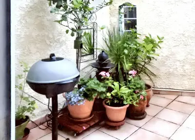 a grill and potted plants on a patio at Maison intime à Pouzols-Minervois avec jardin et parking in Pouzols-Minervois