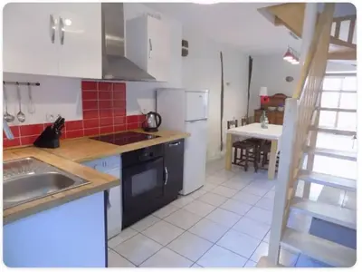 a small kitchen with a sink and a stove at Les lits de Montbel gîte in Sonnac-sur-lʼHers