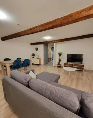 a living room with a couch and a flat screen tv at L'Observatoire-Cité Médiévale in Carcassonne