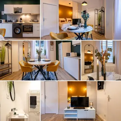 a collage of photos of a kitchen and a living room at Le Boréal - Studio Confort Lit Queen Size in Mazamet