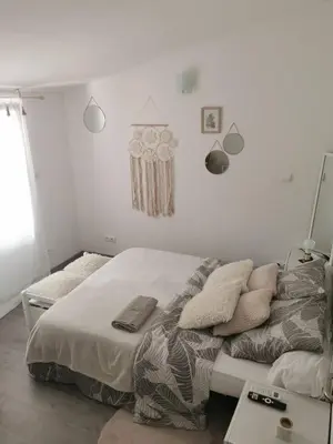 a bedroom with a large bed with pillows on it at Chez Nathalie&Maxime in Sorèze