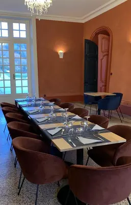 a conference room with a long table and chairs at Château de Roques in Teilhet
