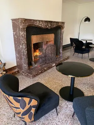 a living room with a fireplace with chairs and a table at Château de Roques in Teilhet