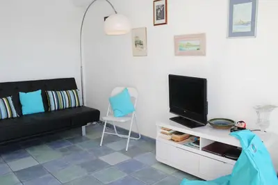 a living room with a black couch and a tv at Appartement avec terrasse et jolie vue sur port GN580-033 in Gruissan