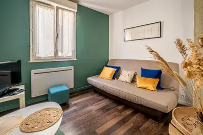 a living room with a couch and a tv at Joli studio Narbonne in Narbonne