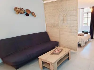 a living room with a couch and a coffee table at Le Marceau Cour Extérieure in Narbonne