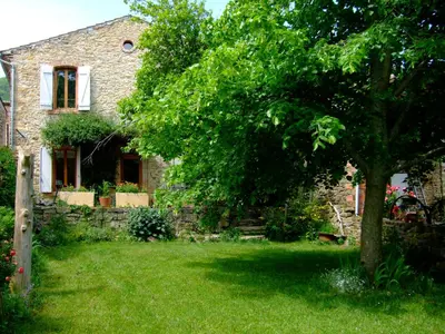 a stone house with a tree in the yard at La Maison des Couleurs in Saint-Jean-de-Paracol