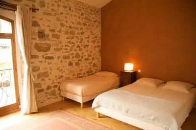 a bedroom with two beds and a window at La Maison des Couleurs in Saint-Jean-de-Paracol