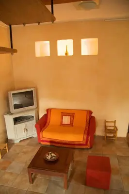 a living room with an orange couch and a tv at La Maison des Couleurs in Saint-Jean-de-Paracol