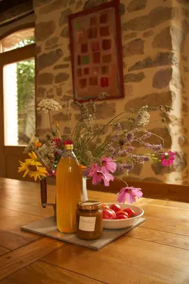 a bottle of honey and a plate of apples on a table at La Maison des Couleurs in Saint-Jean-de-Paracol