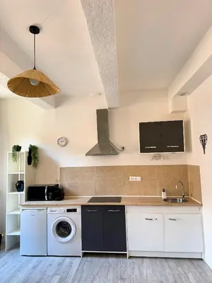 a kitchen with a washing machine and a sink at Narbonne centre Dame Nature in Narbonne