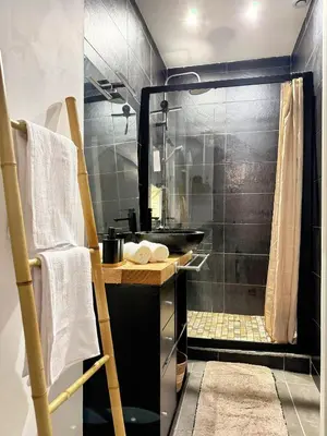 a bathroom with a sink and a shower at Narbonne centre New york in Narbonne