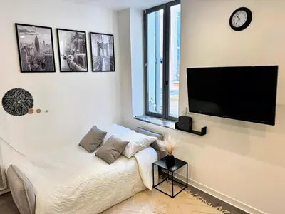 a living room with a couch and a flat screen tv at Narbonne centre New york in Narbonne