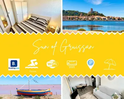 a collage of pictures of a room with a bed and a lake at Sun Of Gruissan in Gruissan