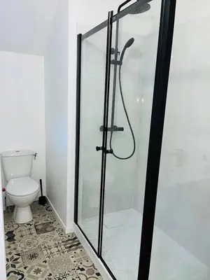a bathroom with a glass shower with a toilet at Henri ll l Terrasse l Proche gare & Centre ville in Castres