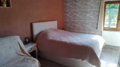 a bedroom with two beds next to a brick wall at Gîte T3 terrasse Chalet in Puivert