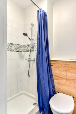 a bathroom with a blue shower curtain and a toilet at El boulangerie - Central - Wifi in Carcassonne