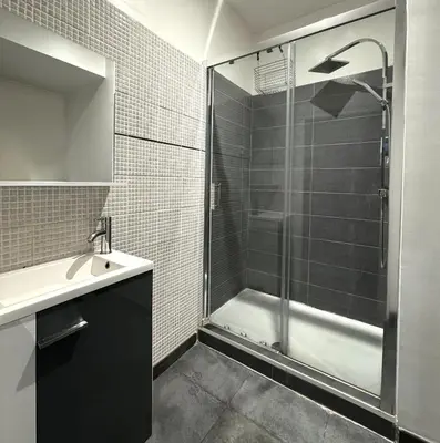 a bathroom with a shower and a sink at Les 5 Lys in Carcassonne