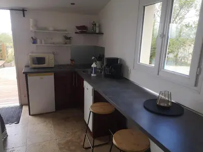 a kitchen with a counter top and a microwave at Villa L'Oustalet in Douzens